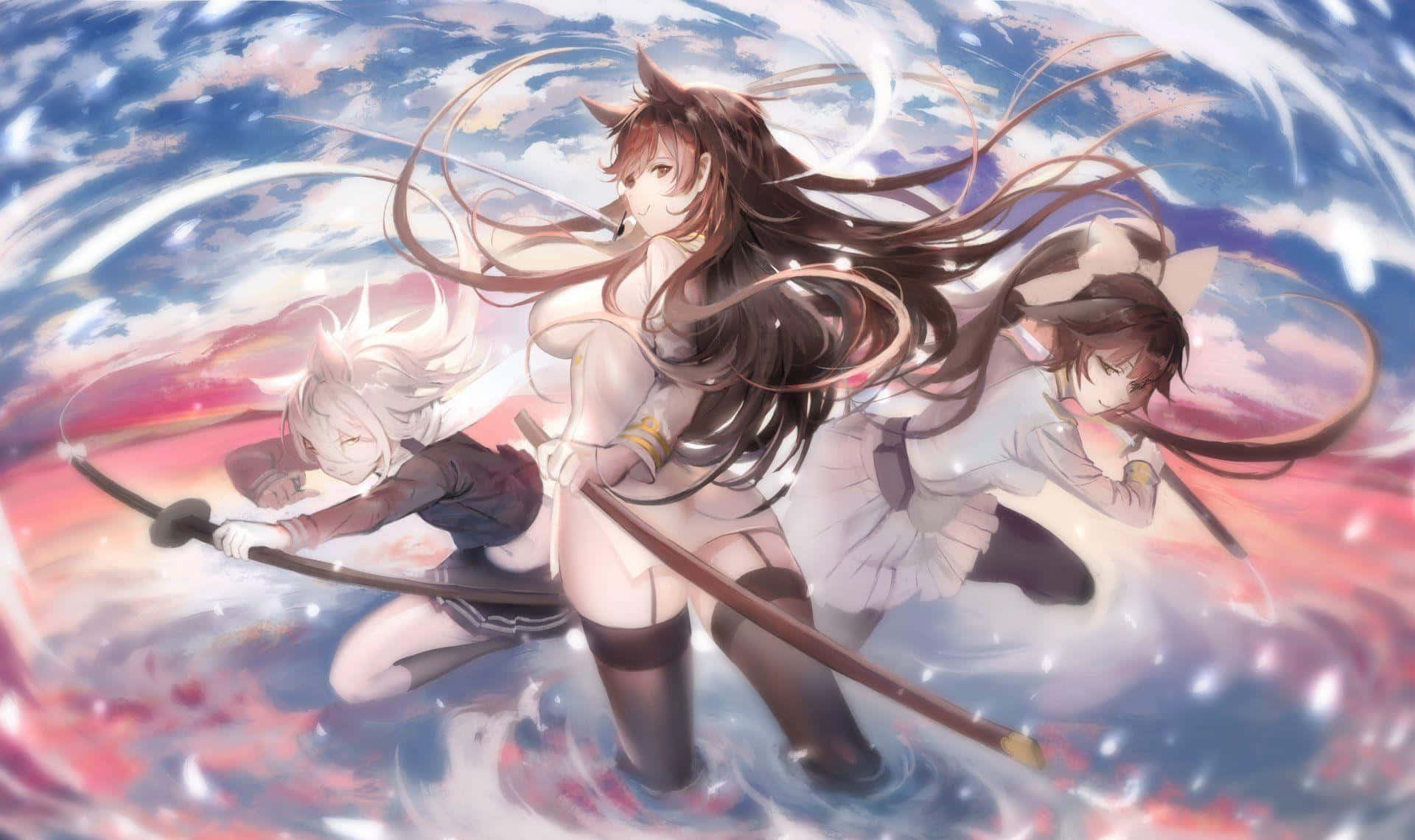碧藍航線 桌布 壁紙 — 三個動漫女孩，長髮飄逸，手持劍，在粉紅、藍、白雲交織的漩渦天空中動態跳躍。
