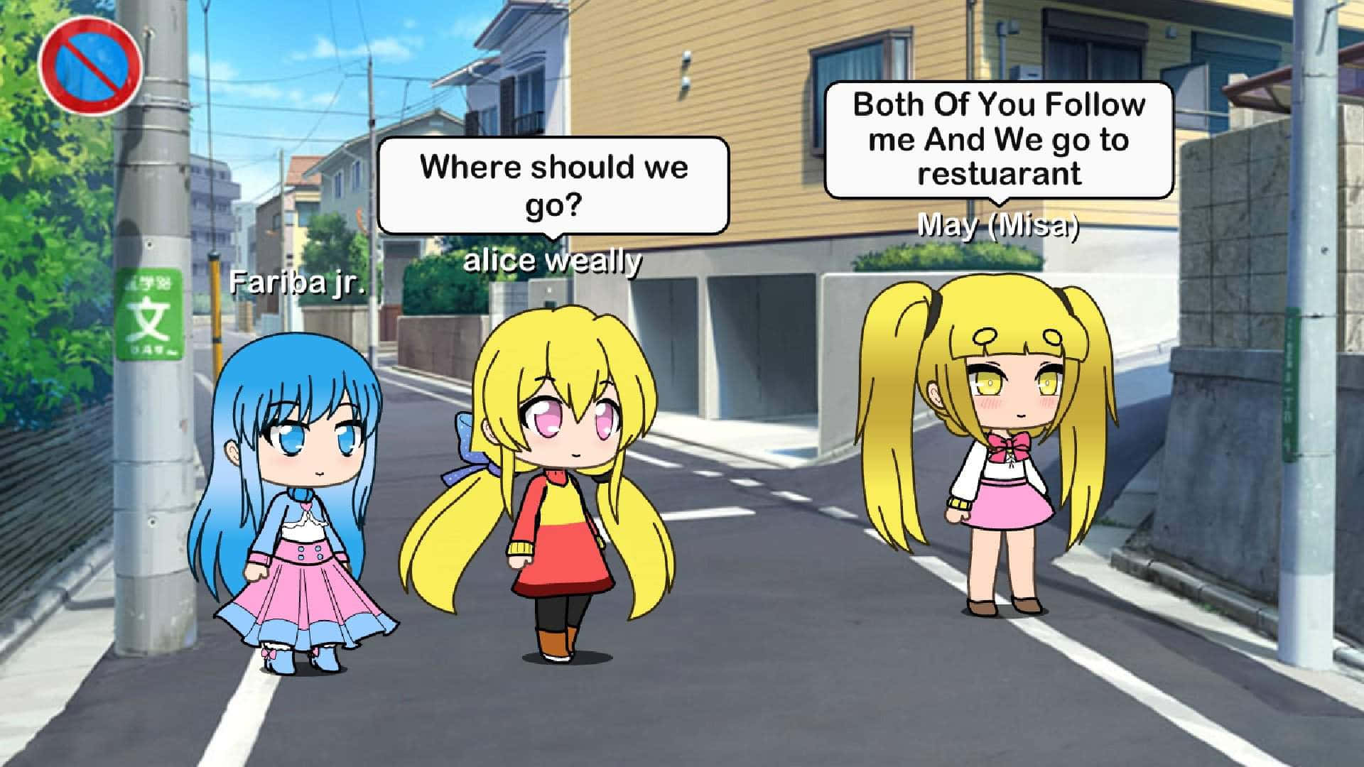 Gacha Life Funny 桌布 壁紙 — 三個動漫女孩，頭髮分別是藍色、黃色和金色，站在陽光明媚的郊區街道上討論去哪裡吃晚餐。