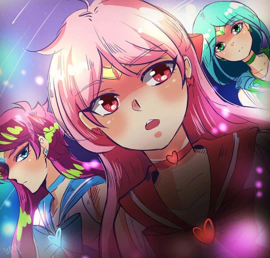 美少女戰士 桌布 壁紙 — 三個動漫女孩，頭髮發光，帶有閃爍效果，在充滿活力的宇宙背景下向前凝視。