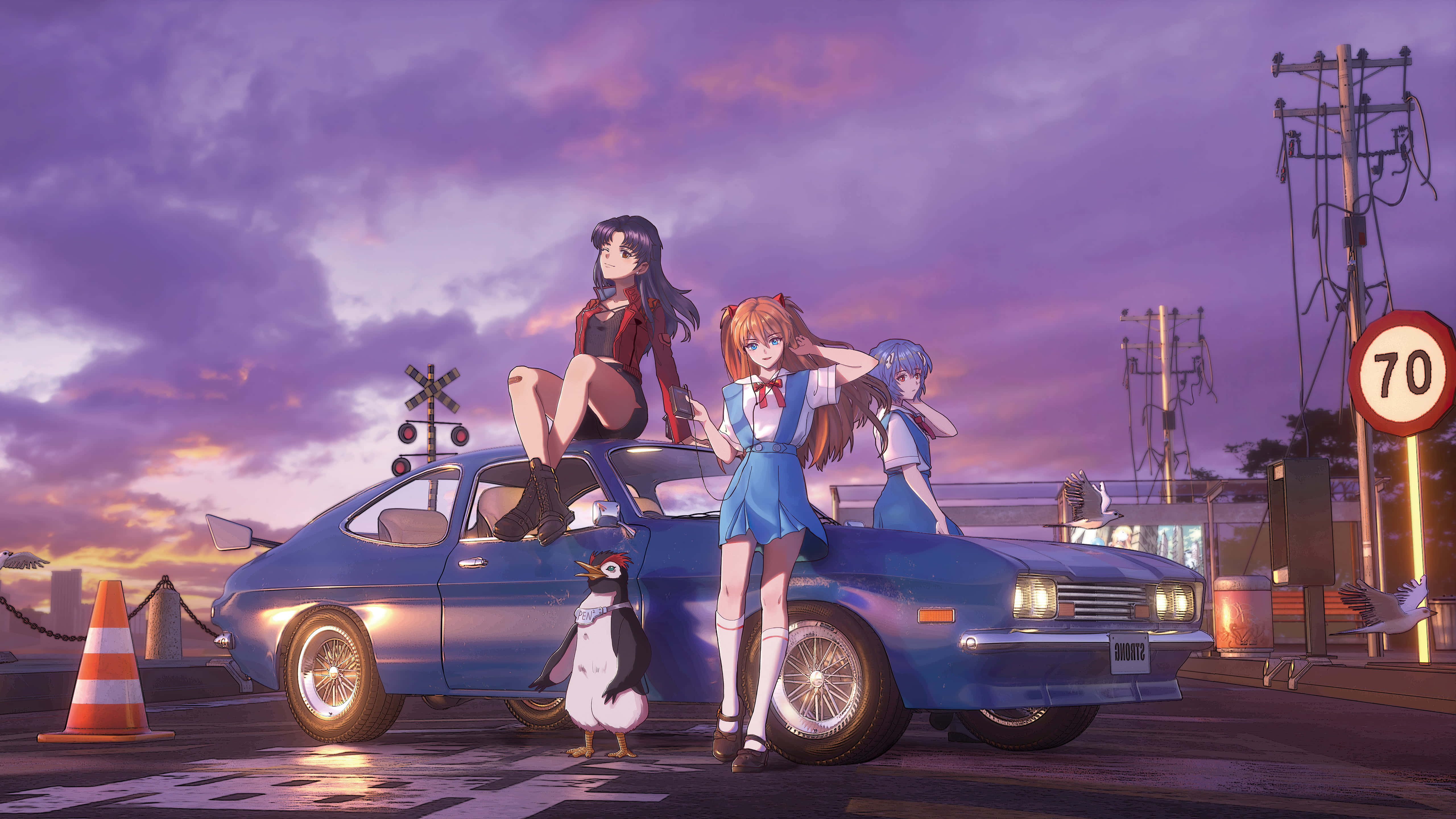 evangelion 4K 桌布 壁紙 — 三個動漫女孩和一隻企鵝在紫色暮色天空下，在鐵路道口附近的一輛藍色經典汽車旁擺姿勢。