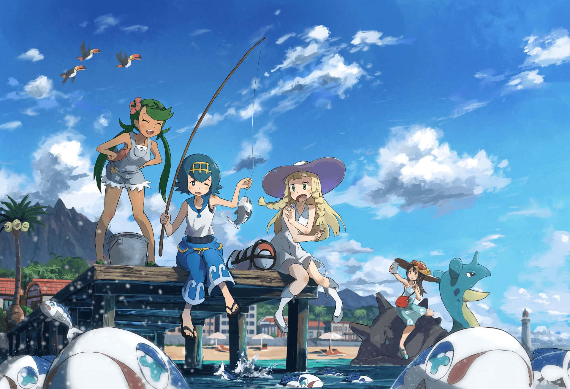 pokemon sun and moon 桌布 壁紙 — 三個動漫女孩和一隻寶可夢魚在陽光明媚的碼頭上，海豚和鳥兒在明亮的藍天下。