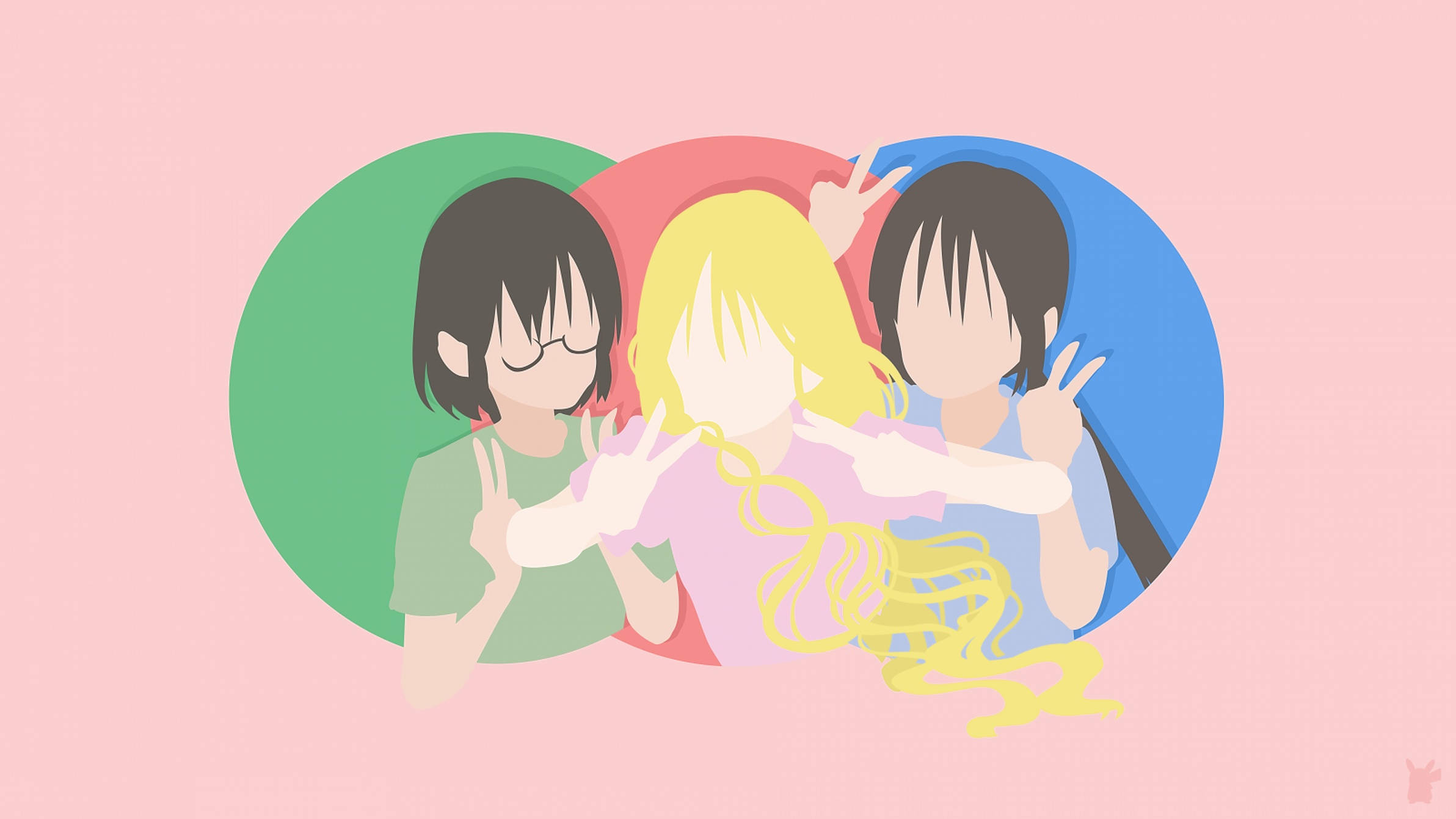 asobi asobase 桌布 壁紙 — 三個動漫女孩在彩色圓圈中，在柔和的粉紅色背景前愉快地擺出和平手勢。