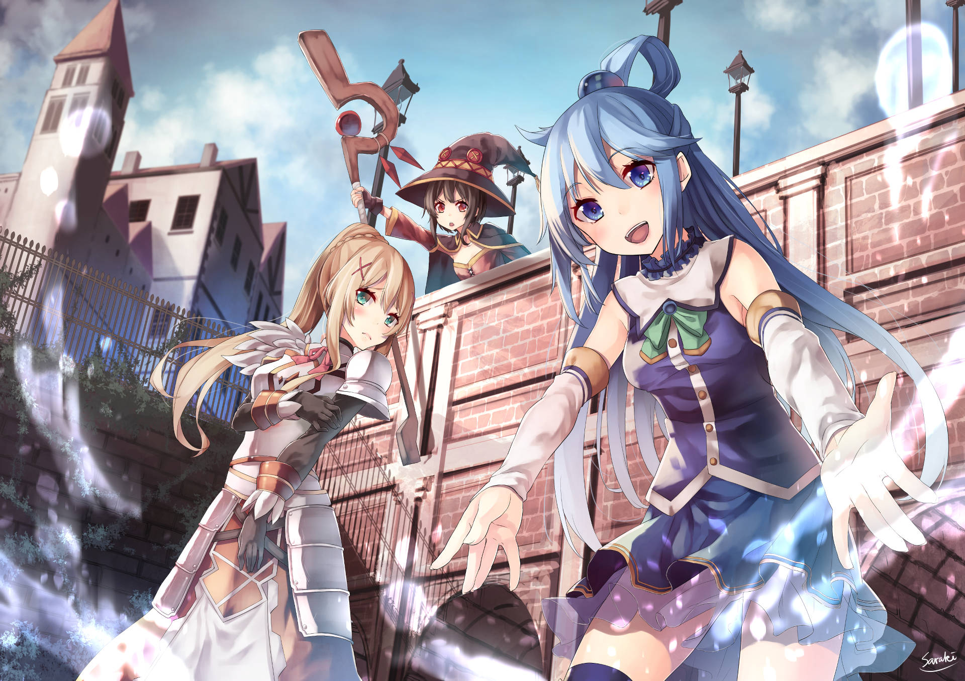 Konosuba 桌布 壁紙 — 三個動漫女孩在歐洲風格的小鎮中施展發光魔法，背景是明亮的藍天。