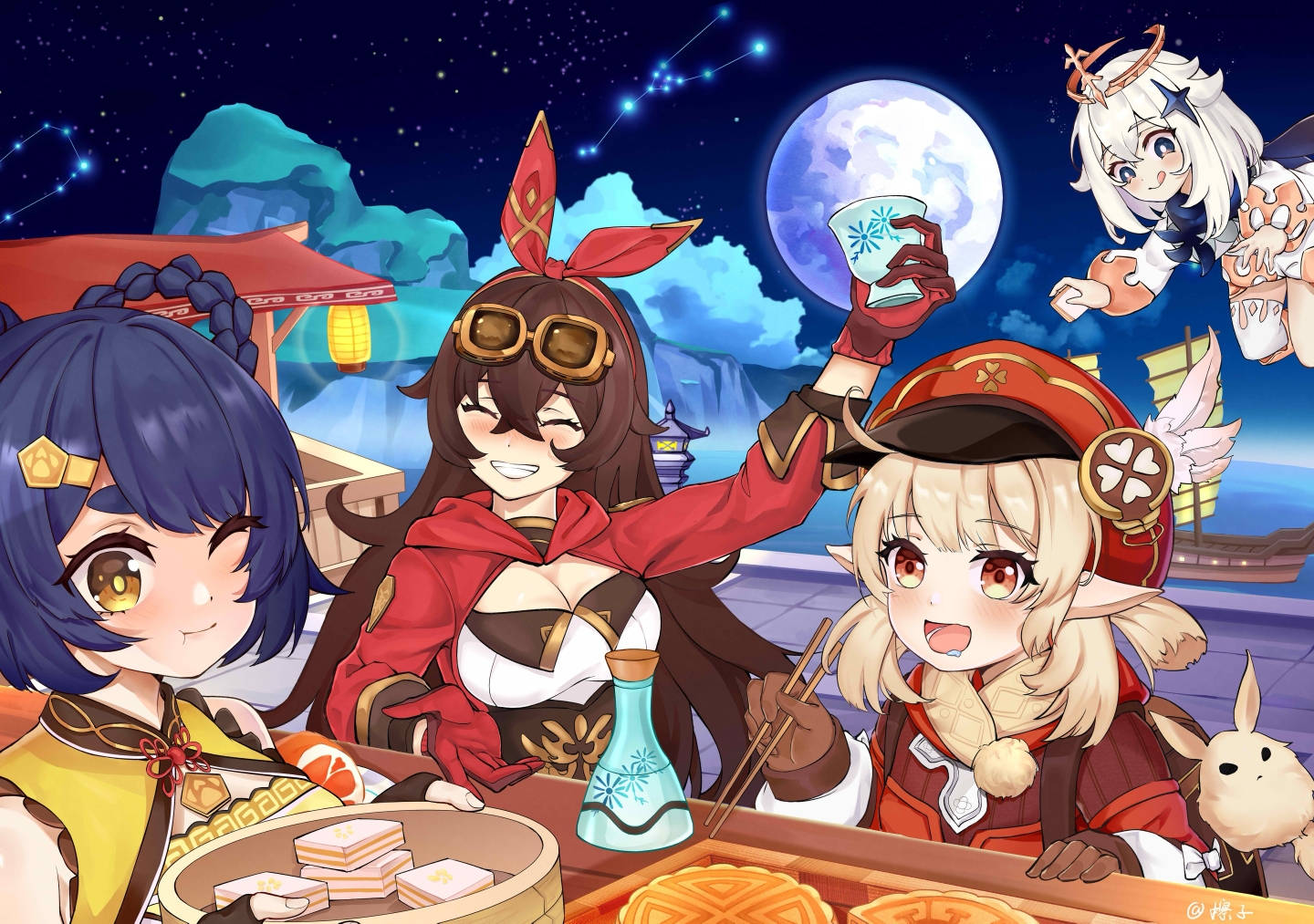 Xiangling 桌布 壁紙 — 三個動漫女孩在滿月下，在星空夜晚中享用美食和飲料慶祝。