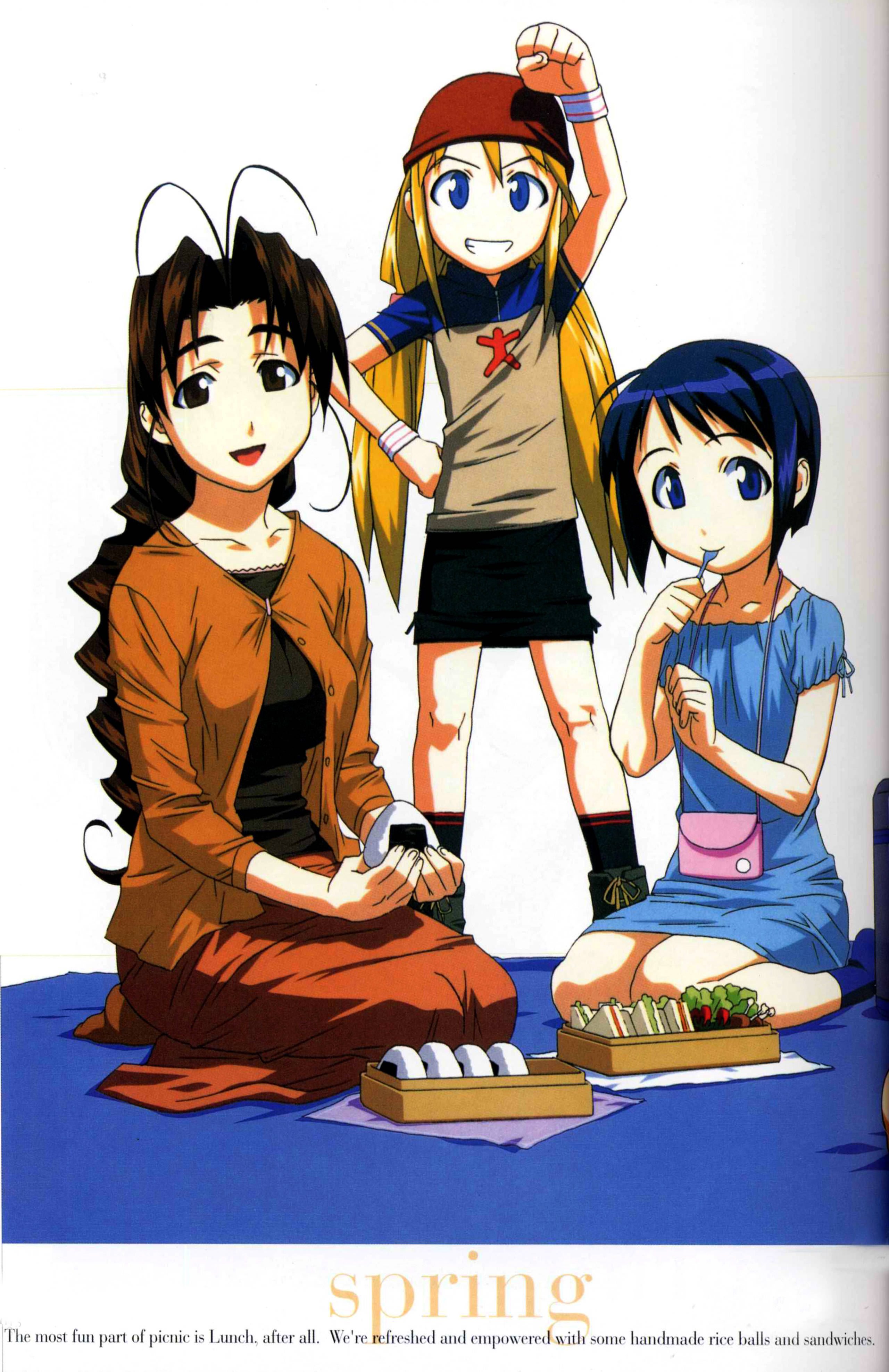 Hina 桌布 壁紙 — 三個動漫女孩在藍色毯子上享受愉快的春季野餐，有飯糰和三明治。