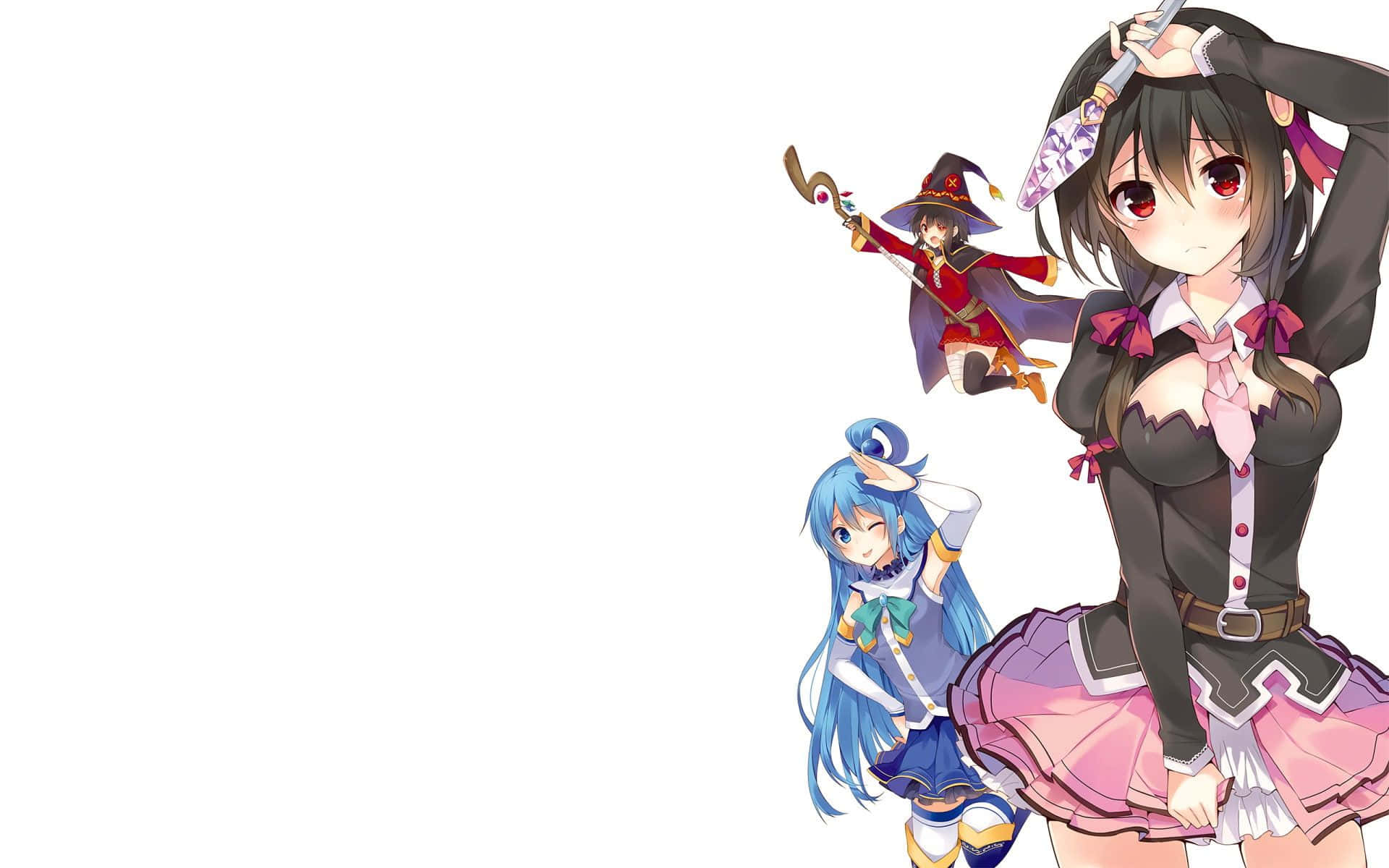 Konosuba 桌布 壁紙 — 三個動漫女孩穿著奇幻服裝，在純白色背景前開心地擺姿勢。