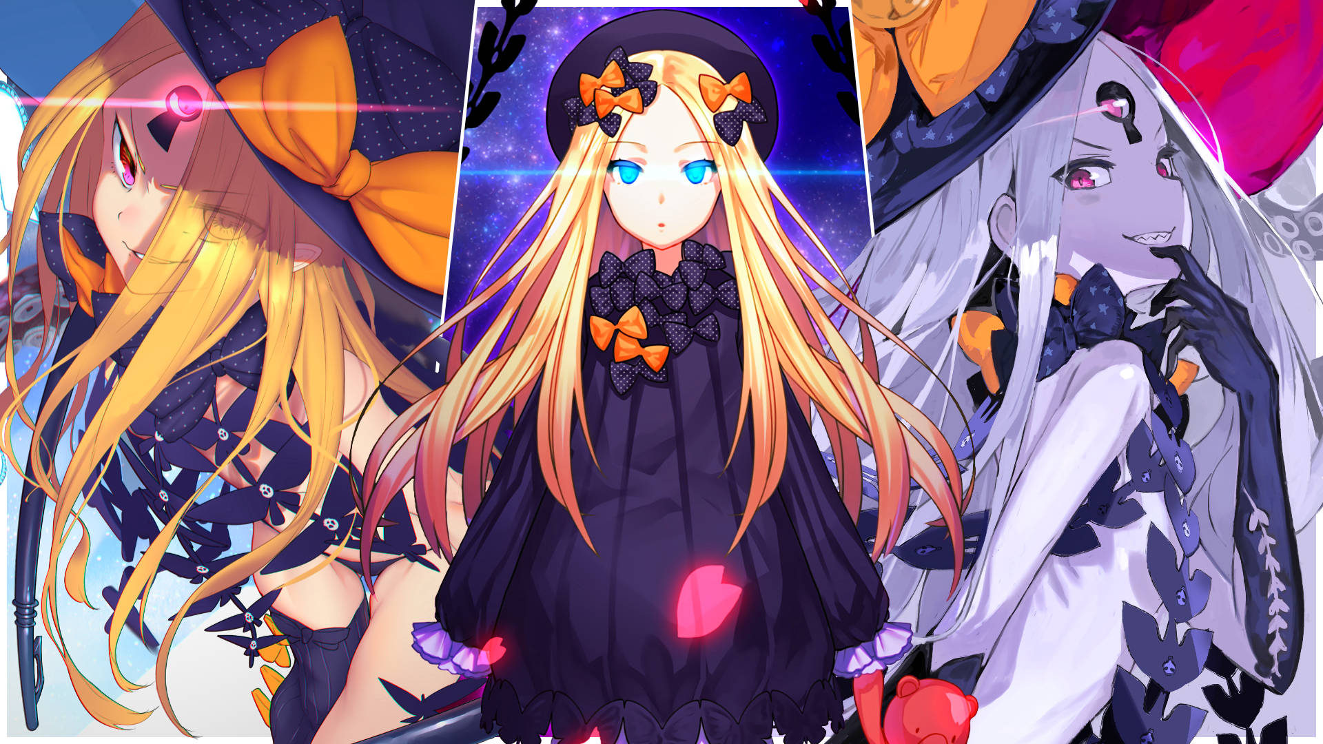Fate/Grand Order 桌布 壁紙 — 三個動漫女孩穿著深色哥德式服裝，帶有橙色點綴，站在宇宙星空背景前。