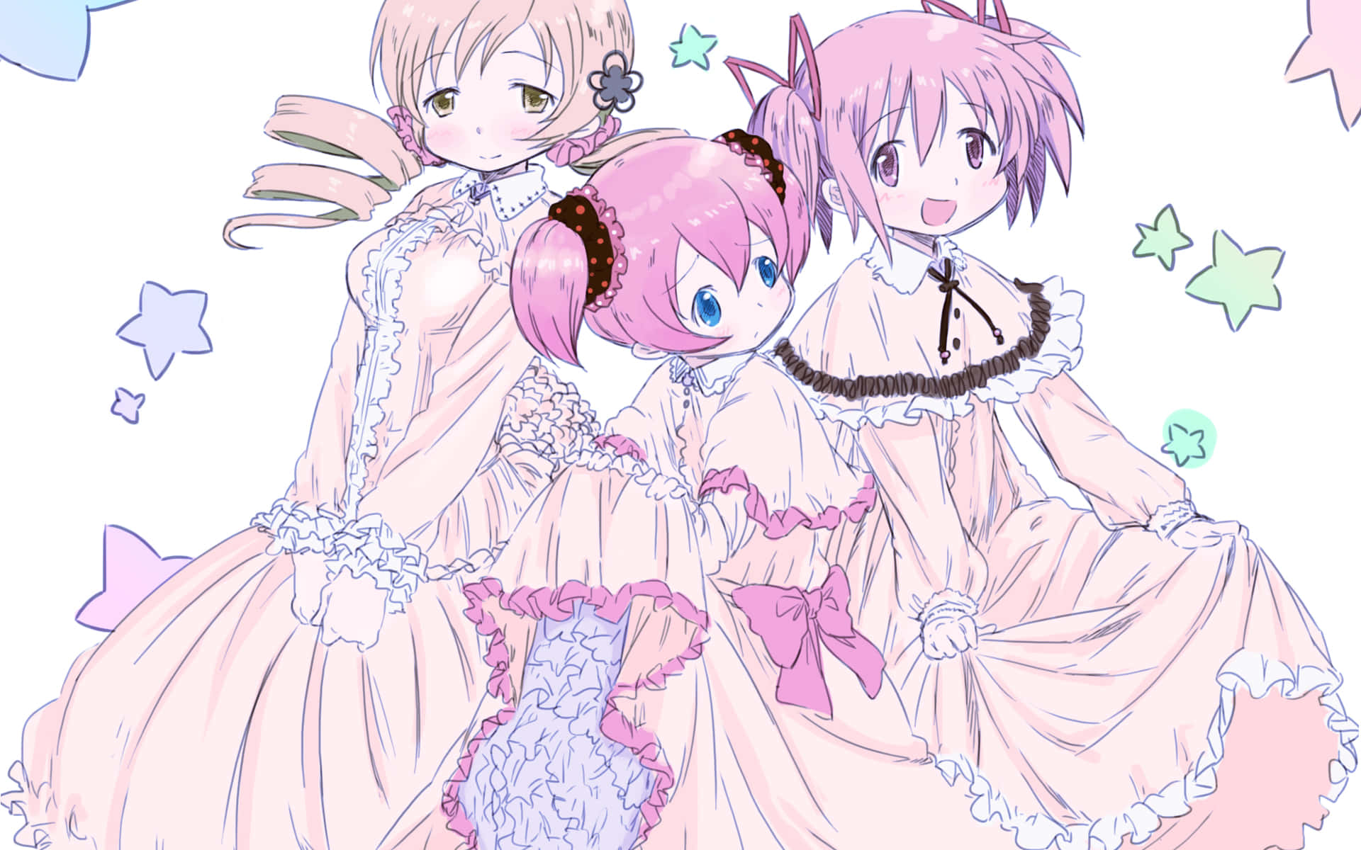 Madoka Magica 桌布 壁紙 — 三個動漫女孩穿著粉彩荷葉邊連衣裙，在星空背景下溫柔微笑。