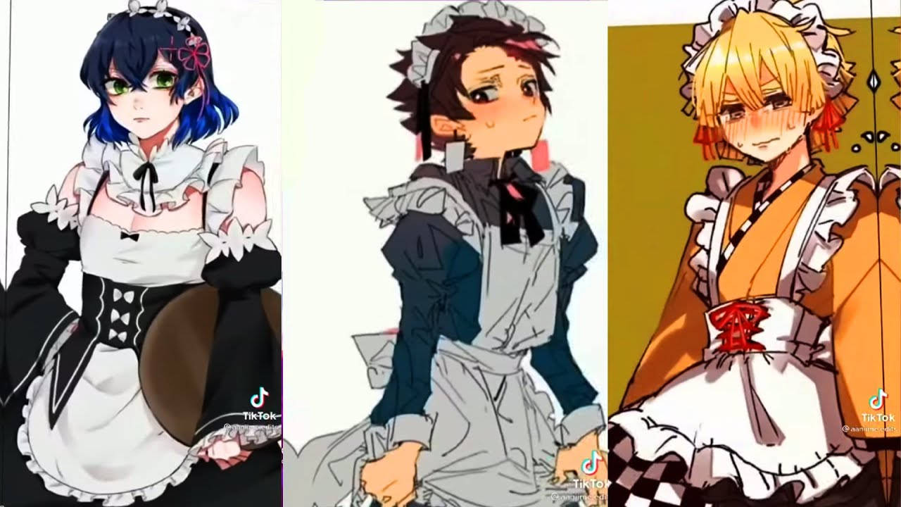 anime funny 桌布 壁紙 — 三個動漫女孩穿著精緻的女僕裝，擁有不同的髮色和表情，背景為純色。