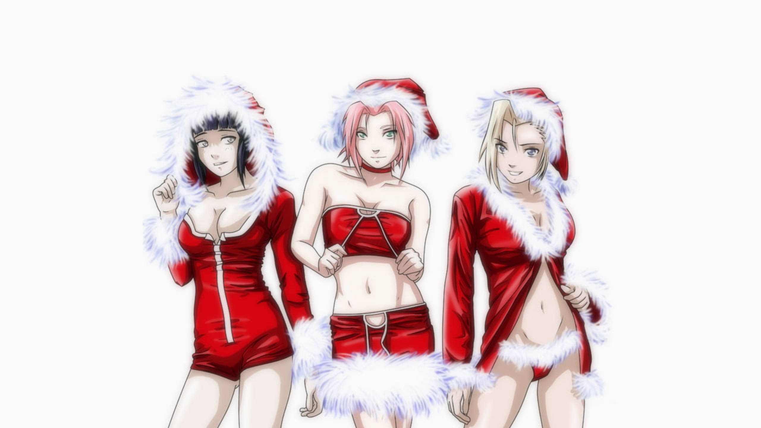 動漫聖誕 桌布 壁紙 — 三個動漫女孩穿著紅色聖誕老人服裝，帶白色毛邊，在純白色背景前自信地擺姿勢。