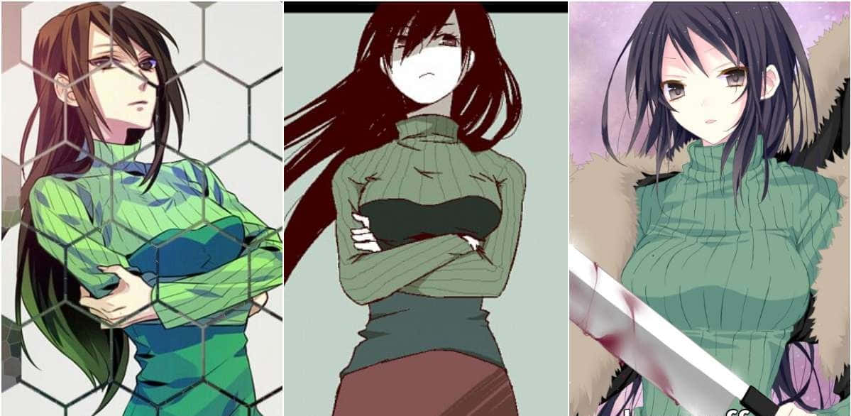 Namie Yagiri 桌布 壁紙 — 三個動漫女孩穿著綠色高領毛衣，雙手交叉站立，一個在鐵欄後，另一個拿著劍，還有一個留著長長的黑髮。