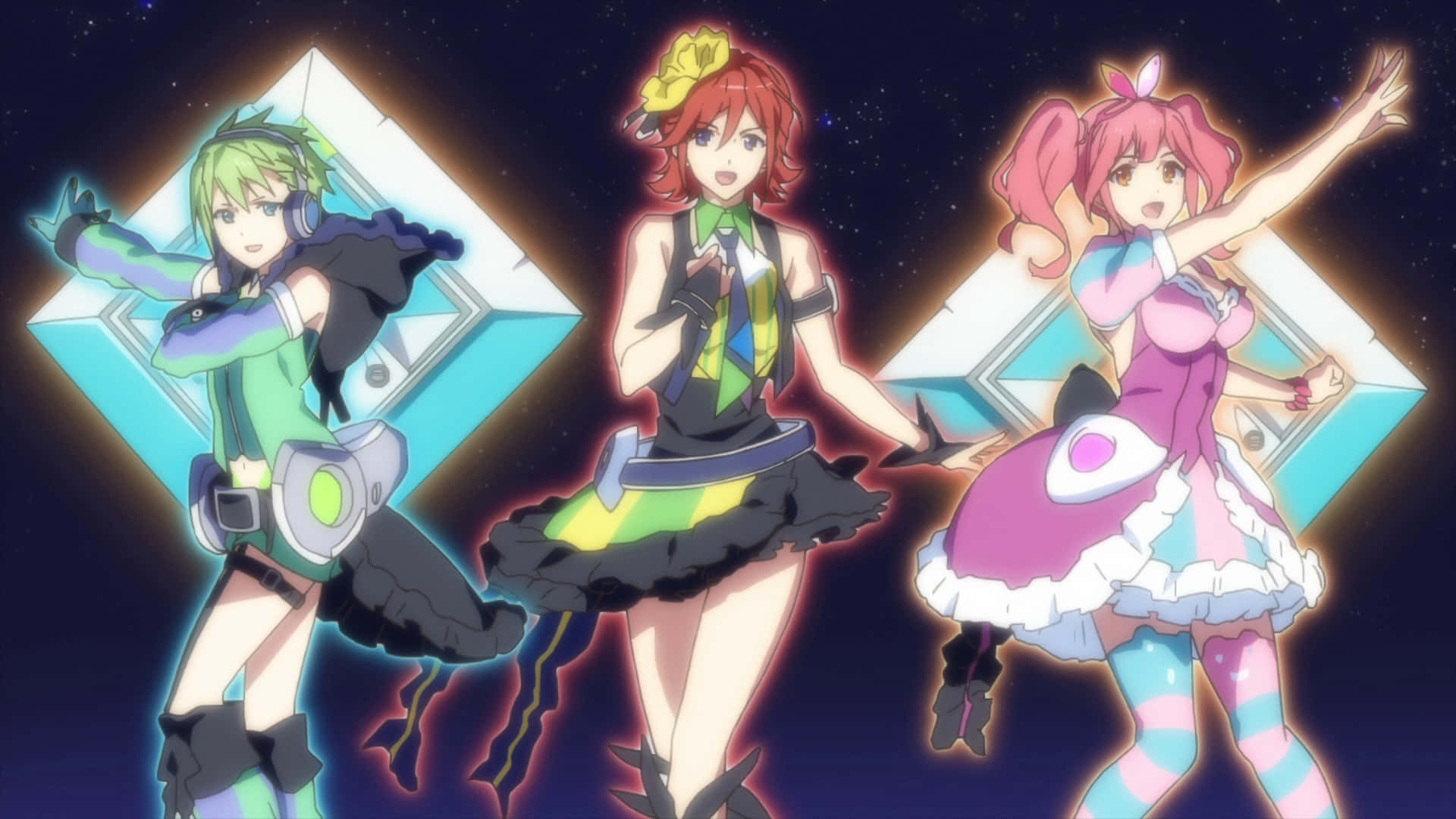 Macross 桌布 壁紙 — 三個動漫女孩穿著色彩繽紛的服裝，在星光燦爛的夜空背景下，以發光的幾何框架動態擺姿勢。
