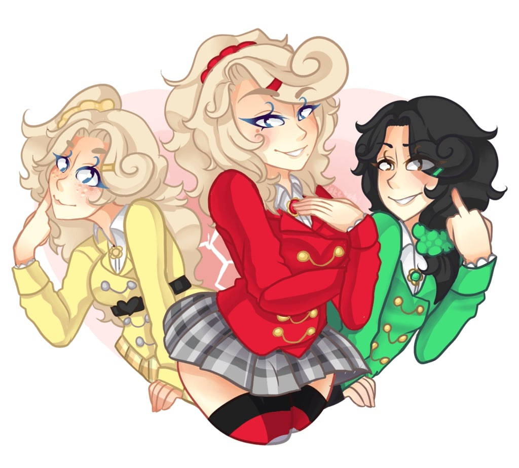 Heathers 桌布 壁紙 — 三個動漫女孩穿著色彩繽紛的校服，在柔和的粉紅色心形背景前開心地擺姿勢。