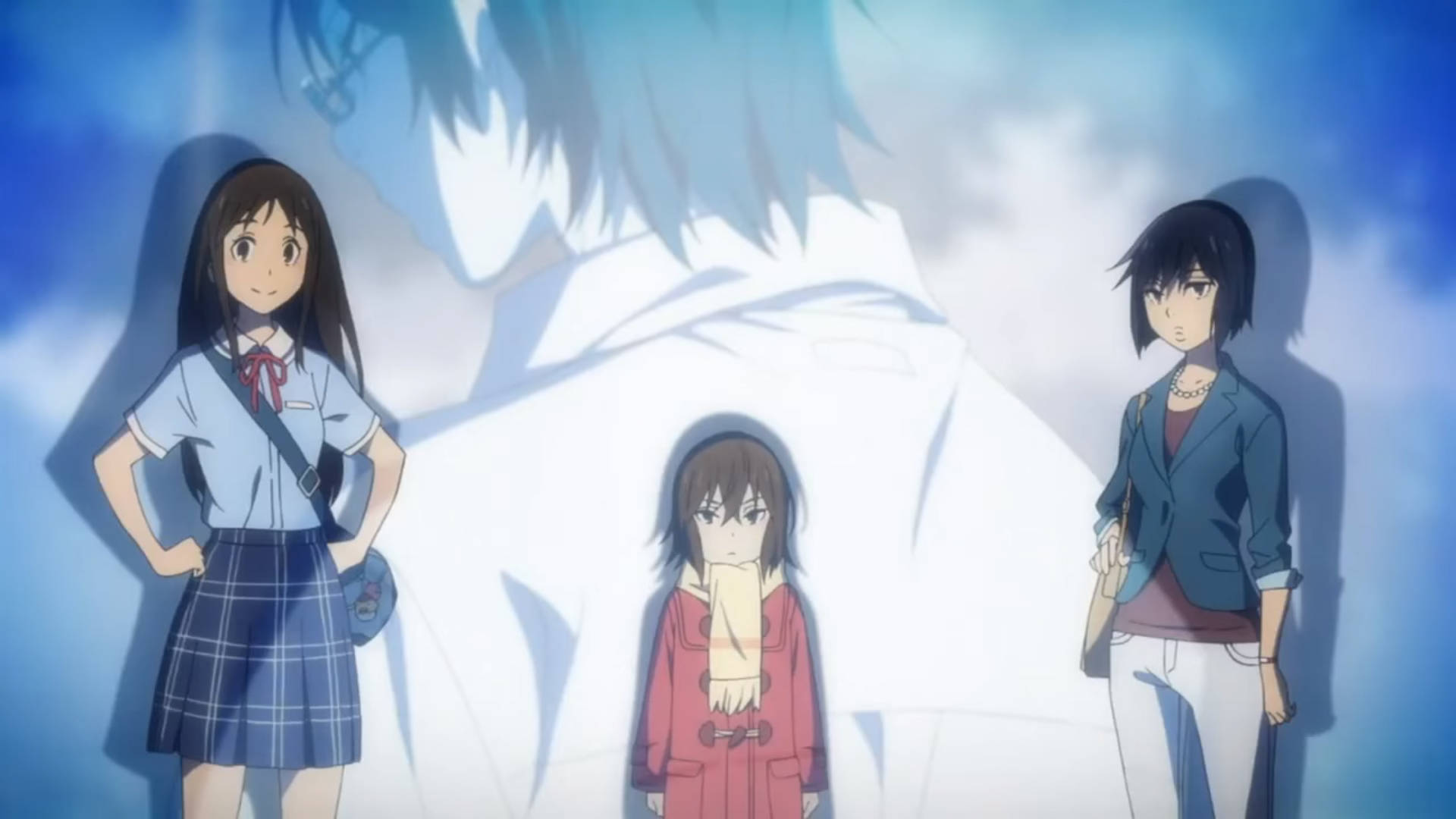 Erased 桌布 壁紙 — 三個動漫女孩站在一個巨大的發光藍色剪影前，背景是夢幻般的天空場景。