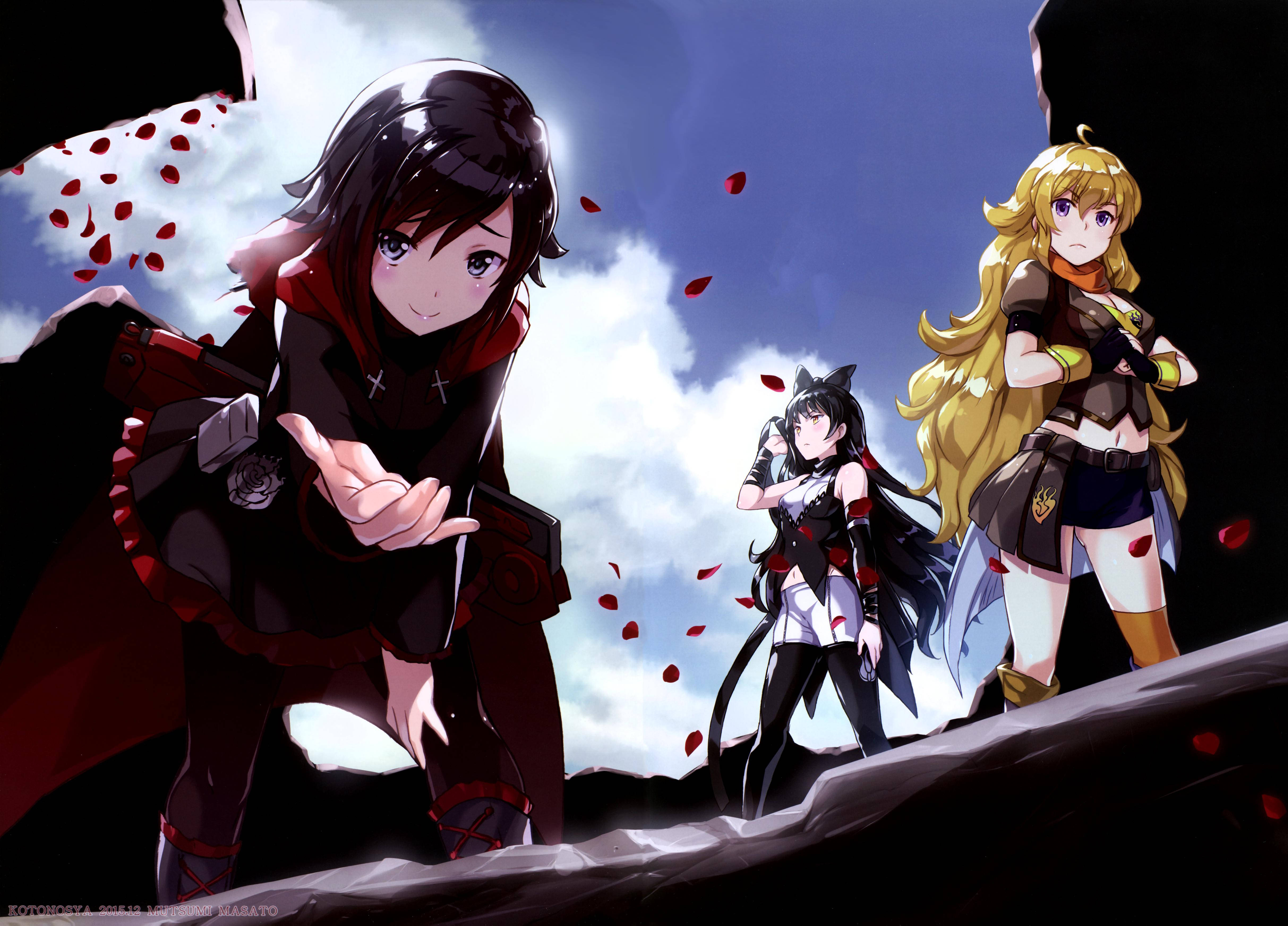 RWBY 桌布 壁紙 — 三個動漫女孩站在懸崖邊，紅色花瓣在它們身後的多雲天空中飄蕩。