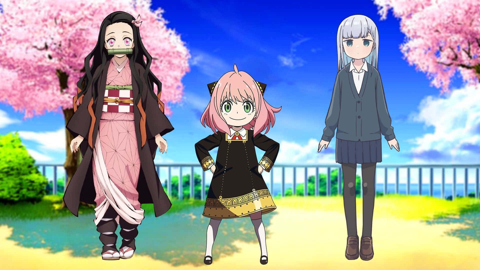 動漫 桌布 壁紙 — 三個動漫女孩站在盛開的櫻花樹下，粉紅色的花朵映襯著明亮的藍天。