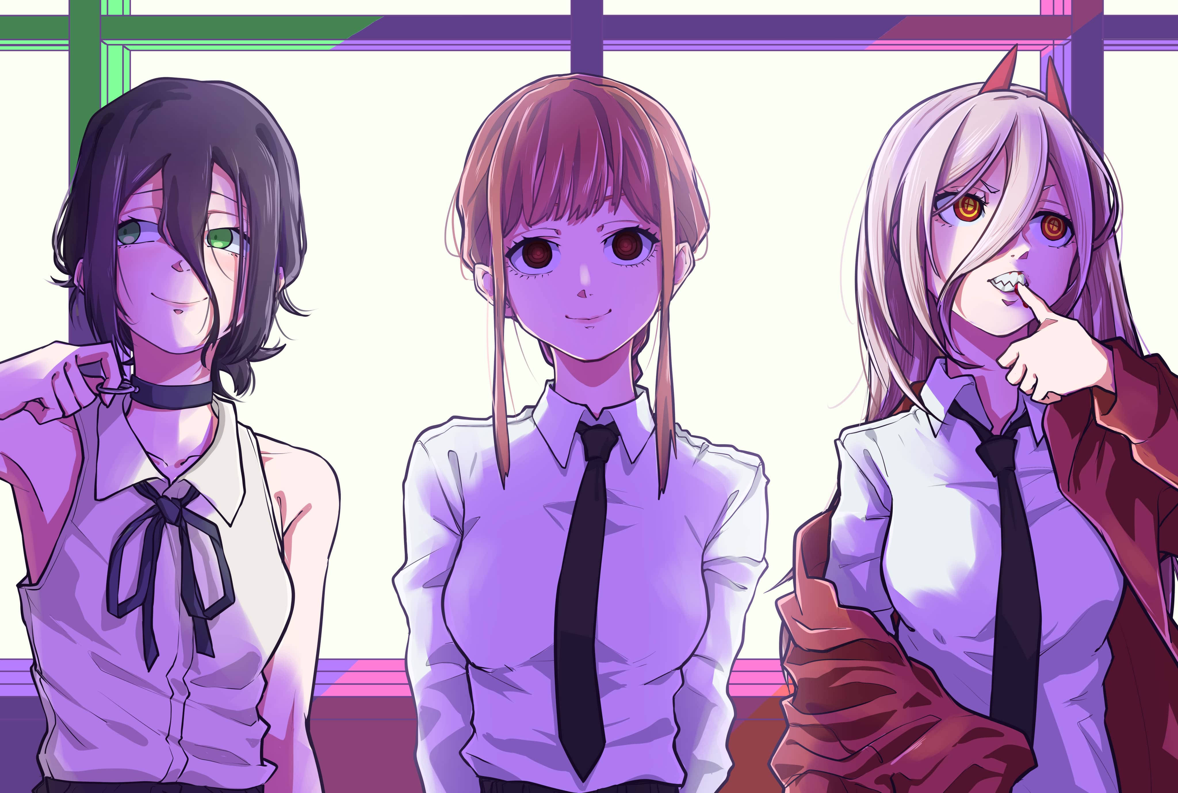 鏈鋸人 桌布 壁紙 — 三個動漫女學生穿著校服，在紫色霓虹燈光下擺出俏皮的表情。