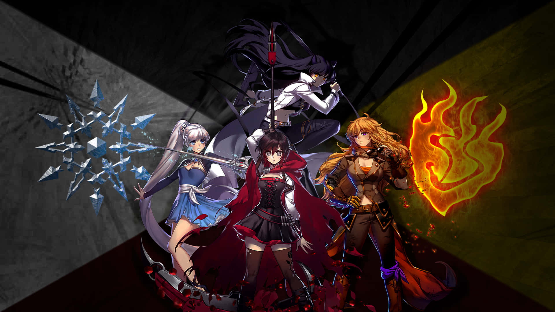 RWBY 桌布 壁紙 — 三個動漫少女以戰鬥姿態在陰暗地牢中揮舞冰、火和黑暗魔法。