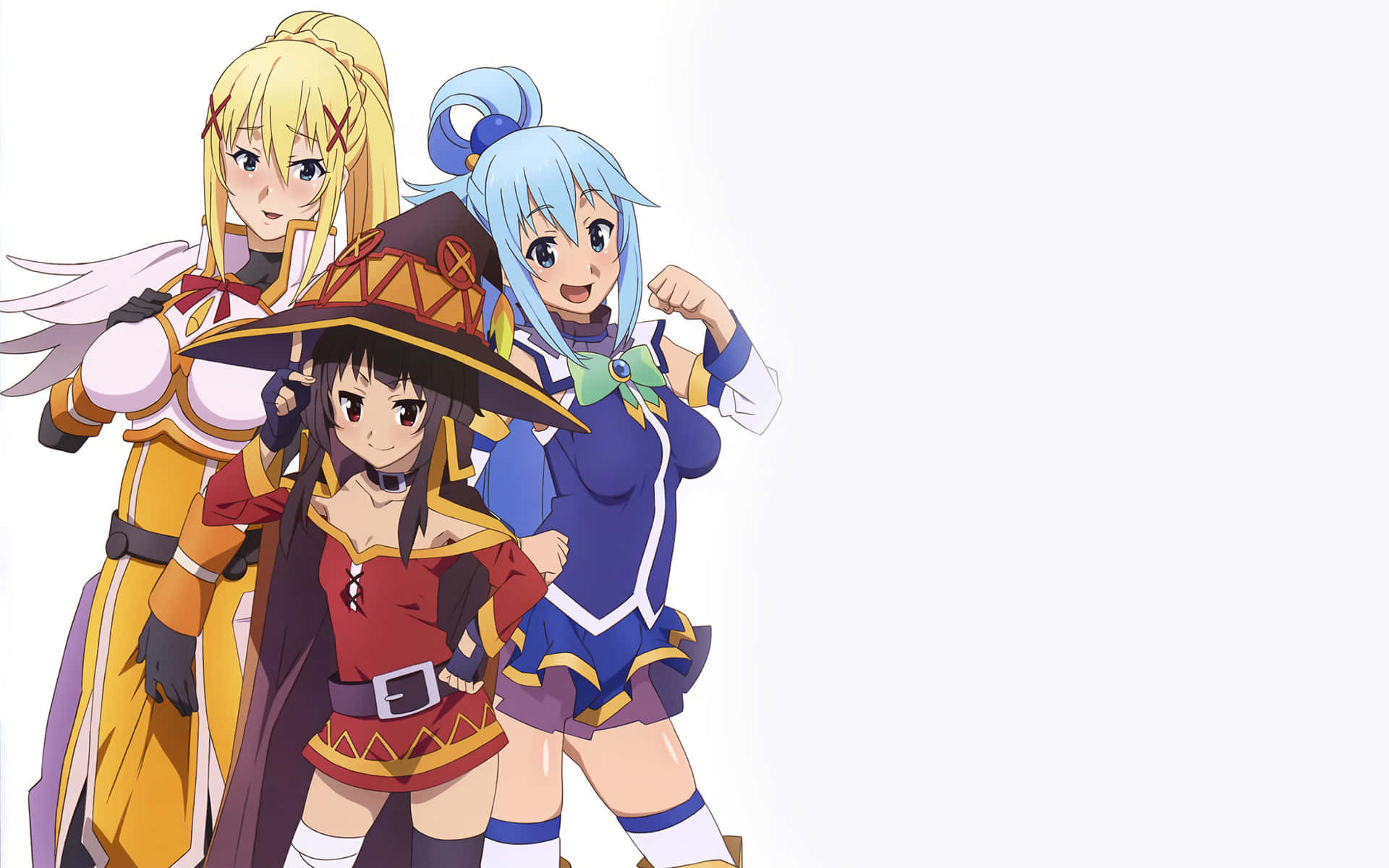 Konosuba 桌布 壁紙 — 三個動漫少女穿著奇幻服裝，在純白背景前自信地擺姿勢。