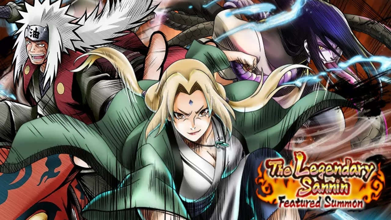Legendary Sannin 桌布 壁紙 — 三個動漫忍者以動態戰鬥姿勢呈現，帶有電能和旋轉運動線條。