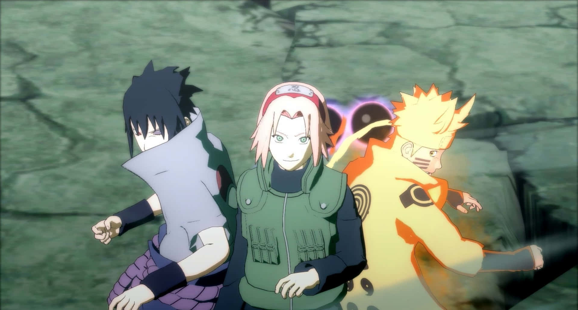 Ps4 Naruto 桌布 壁紙 — 三個動漫忍者準備就緒，站在一個佈滿裂痕、散發著查克拉能量的石頭競技場中。
