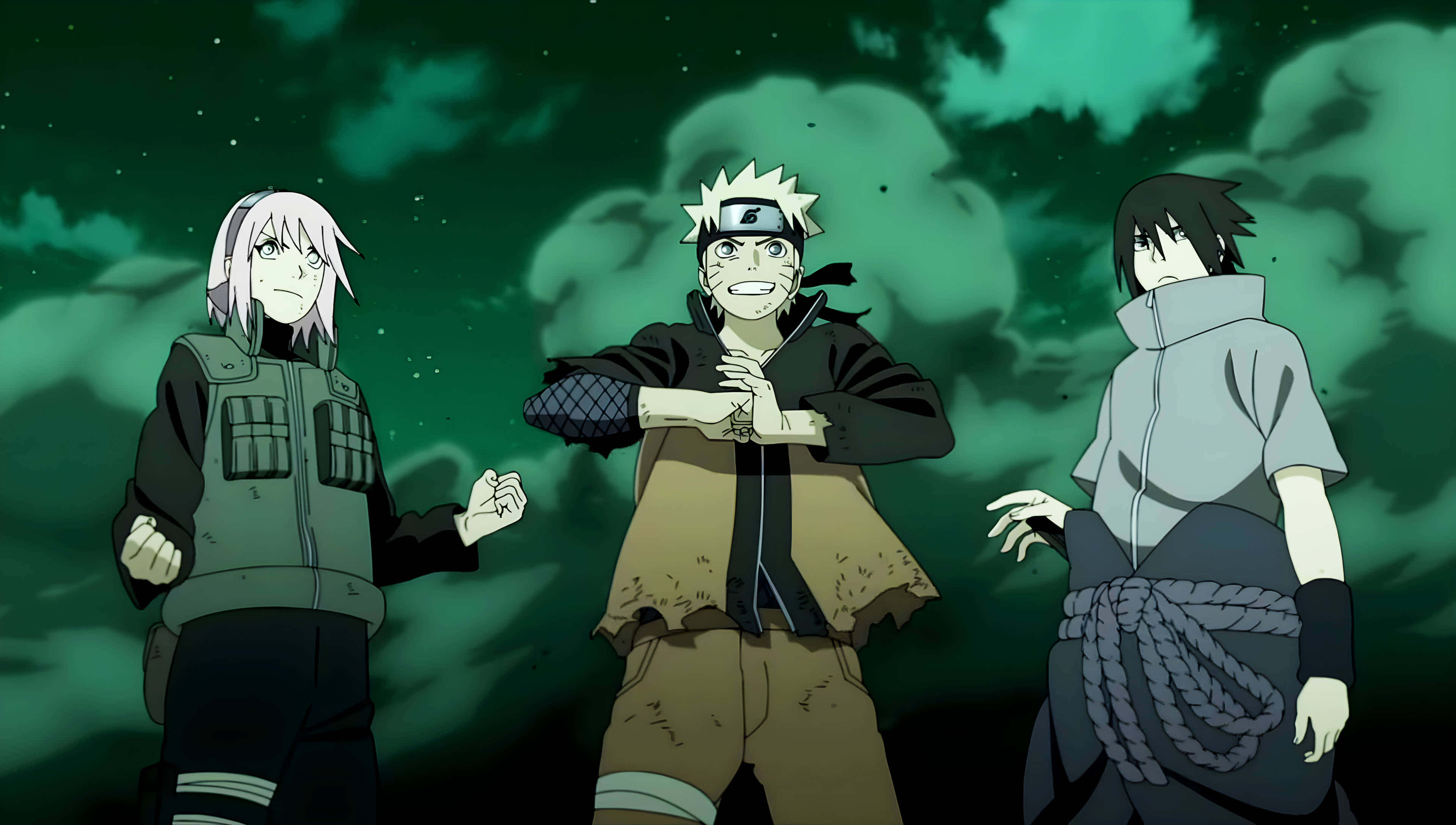 Naruto Group 桌布 壁紙 — 三個動漫忍者站在星空綠色的天空下，背後有戲劇性的雲彩。