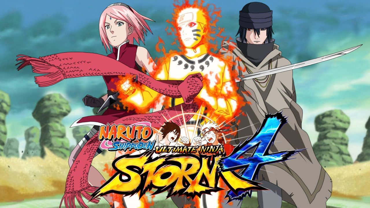 Team 7 Naruto 桌布 壁紙 — 三個動漫忍者英雄地站在沙漠景觀中，帶有火焰查克拉效果和遊戲標誌覆蓋層。