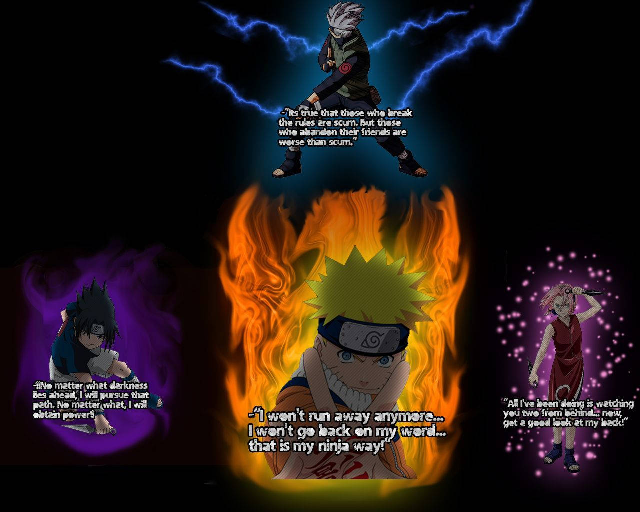 Aesthetic Naruto 桌布 壁紙 — 三個動漫忍者角色，在黑暗背景上帶有戲劇性燈光和引文文字，並有閃電和火焰。