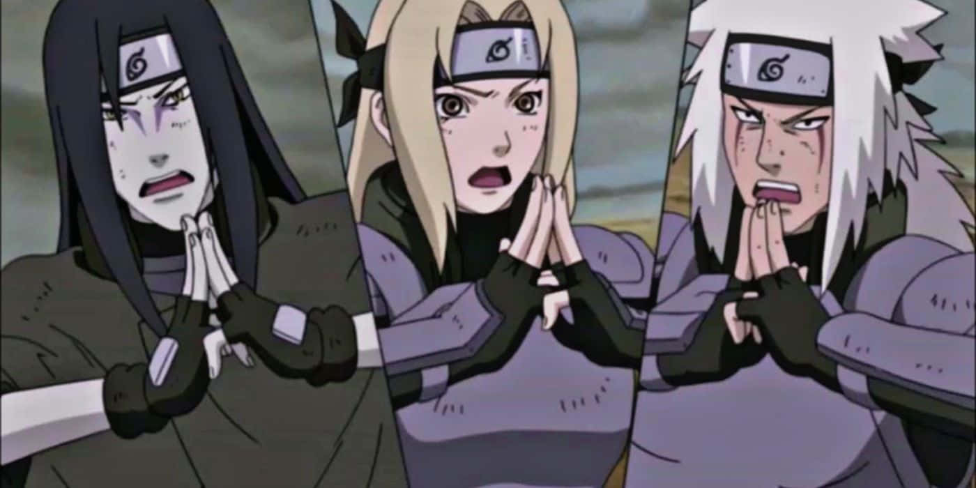 Legendary Sannin 桌布 壁紙 — 三個動漫忍者角色，表情震驚，雙手合十祈禱，背景柔和。