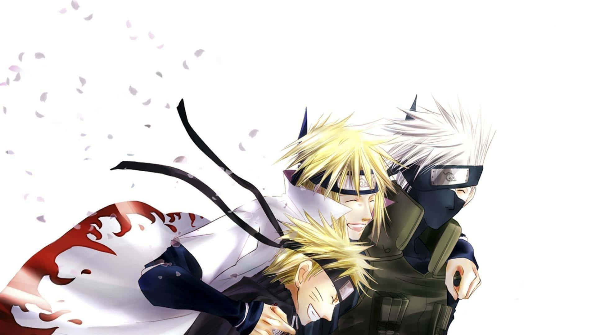 minato namikaze 桌布 壁紙 — 三個動漫忍者角色，頭髮尖尖，戴著頭帶，在白色背景上動態微笑，櫻花花瓣飄落。