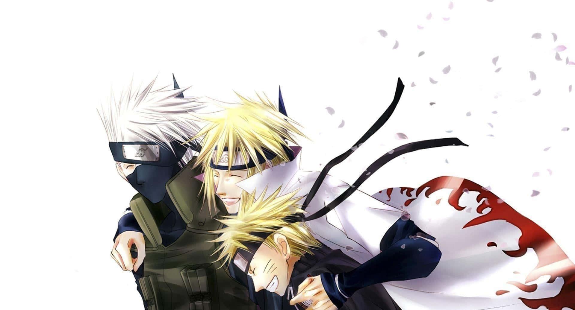 Naruto Aesthetic Computer 桌布 壁紙 — 三個動漫忍者角色，頭髮尖尖，戴著頭帶，在白色背景上動感十足地擺姿勢，櫻花花瓣飄落。