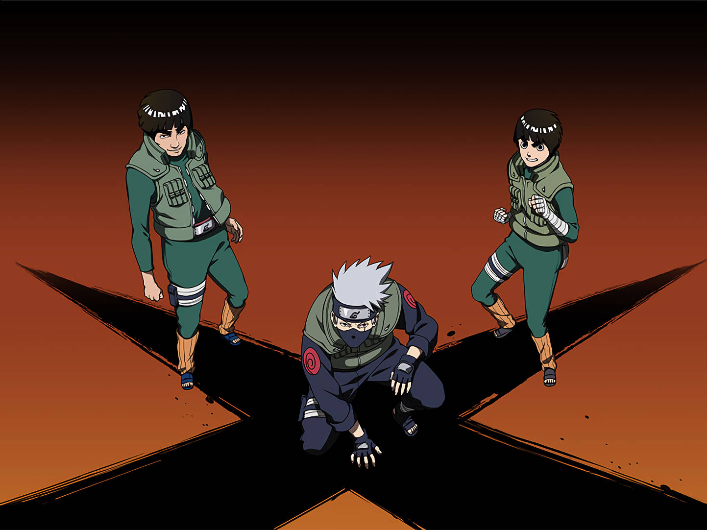 Rock Lee 桌布 壁紙 — 三個動漫忍者角色以動態X形排列站在橙色和黑色漸變背景前。