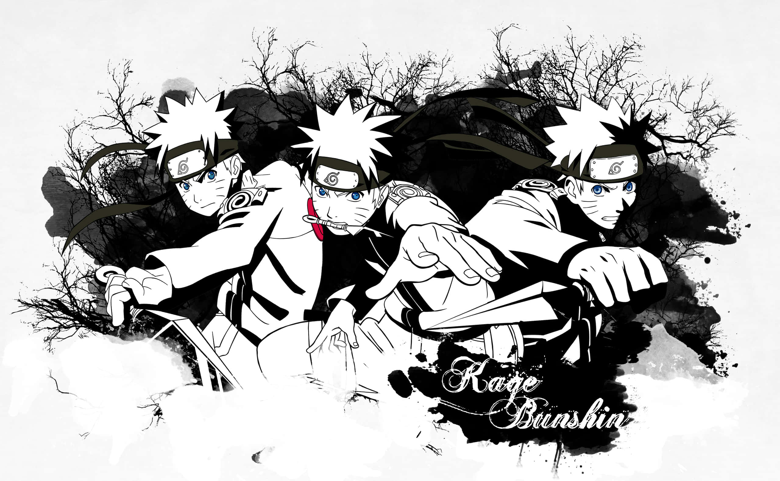 Naruto Black And White 桌布 壁紙 — 三個動漫忍者角色以動態姿勢呈現，帶有墨水飛濺效果和背景中的光禿樹木。