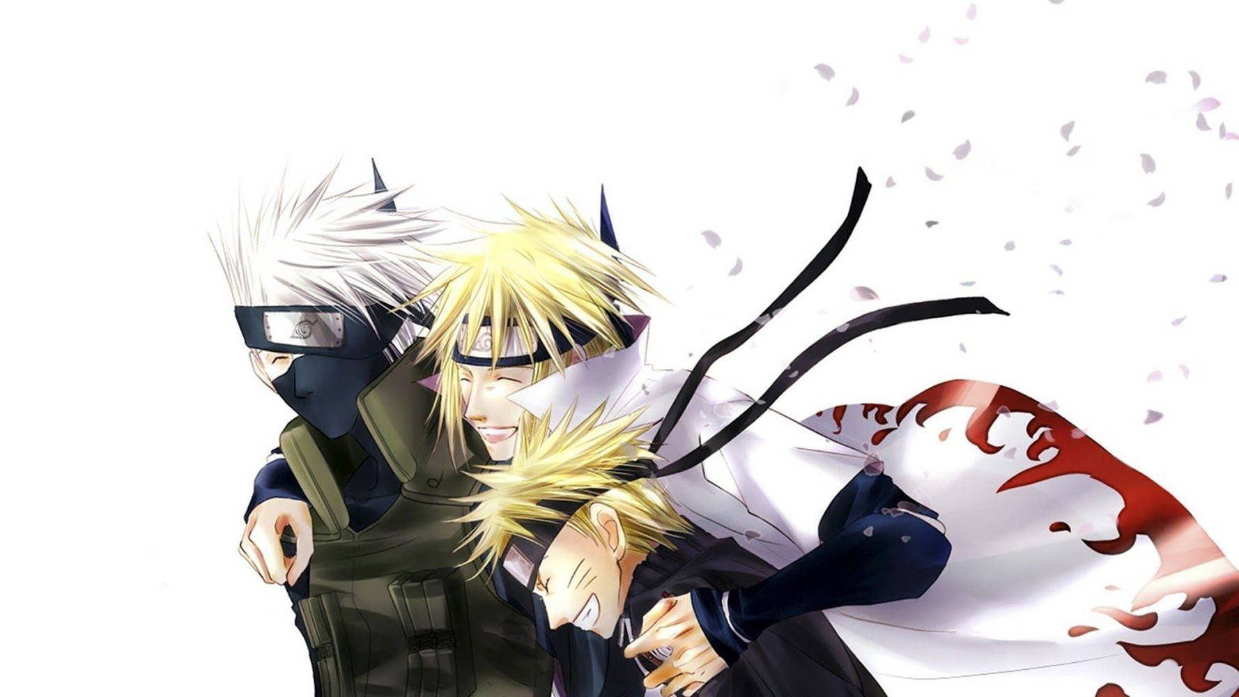 minato namikaze 桌布 壁紙 — 三個動漫忍者角色以動態姿勢呈現，櫻花花瓣在白色背景中圍繞他們旋轉。