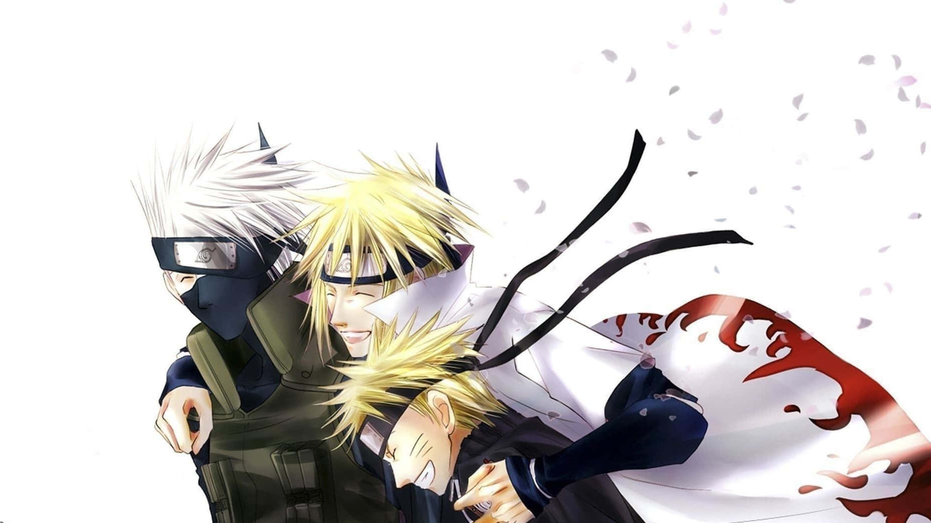 Naruto Group 桌布 壁紙 — 三個動漫忍者角色以動態姿勢呈現，披風飄逸，櫻花花瓣在他們周圍旋轉。