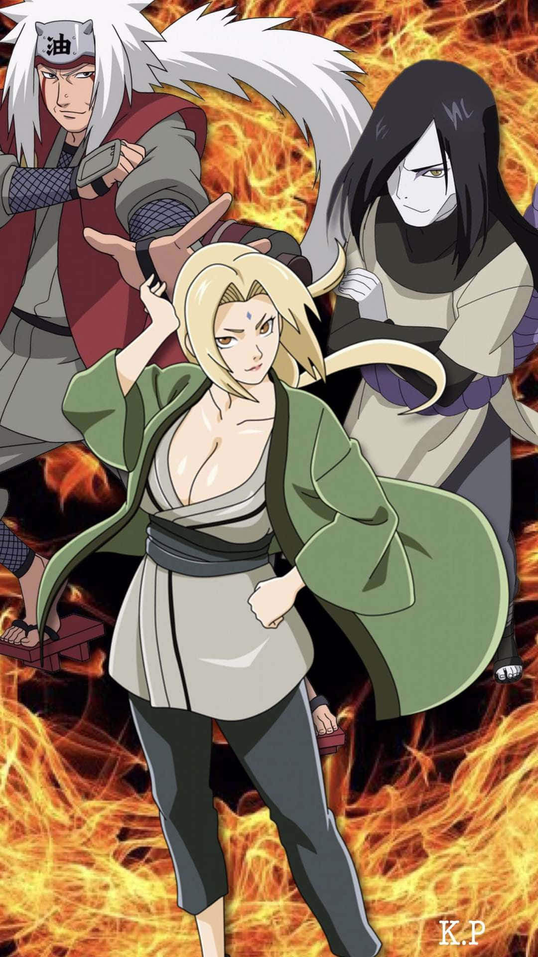 火影忍者 桌布 壁紙 — 三個動漫忍者角色以強烈的表情挑釁地站在熊熊烈火背景前。