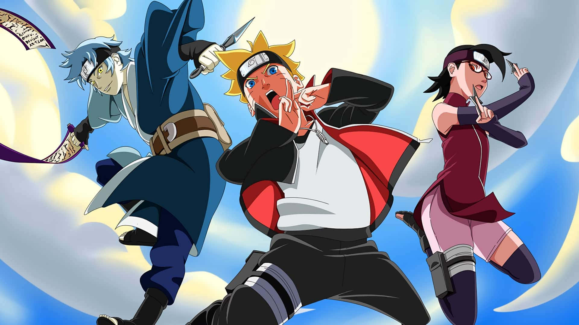 Boruto Naruto Next Generations 桌布 壁紙 — 三個動漫忍者角色在動態戰鬥姿勢中，背景是旋轉的藍色和黃色天空。