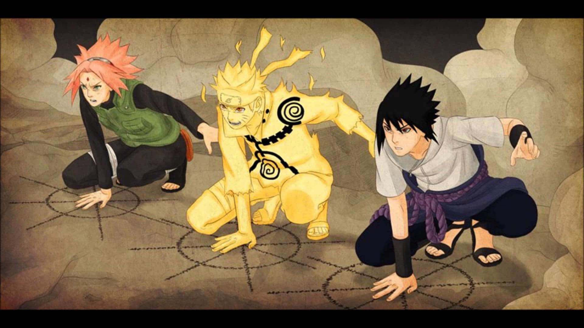 Naruto Group 桌布 壁紙 — 三個動漫忍者角色在帶有神秘符號的石地板上以戰鬥姿勢蹲伏。