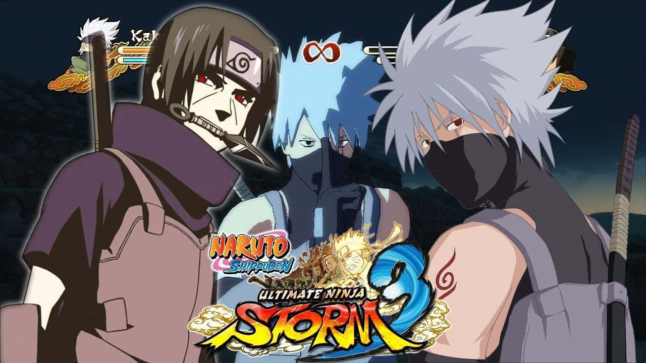 Kakashi And Itachi 桌布 壁紙 — 三個動漫忍者角色在漆黑的夜空下擺出戲劇性的戰鬥姿勢，下方有遊戲標題標誌。