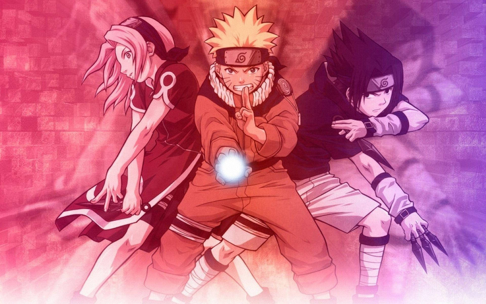 Sakura Haruno 桌布 壁紙 — 三個動漫忍者角色在漸變粉紅和紫色背景上擺出動態戰鬥姿勢。