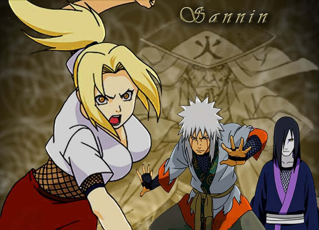 Legendary Sannin 桌布 壁紙 — 三個動漫忍者角色在紋理背景上以動態戰鬥姿勢呈現，帶有「三忍」標題。