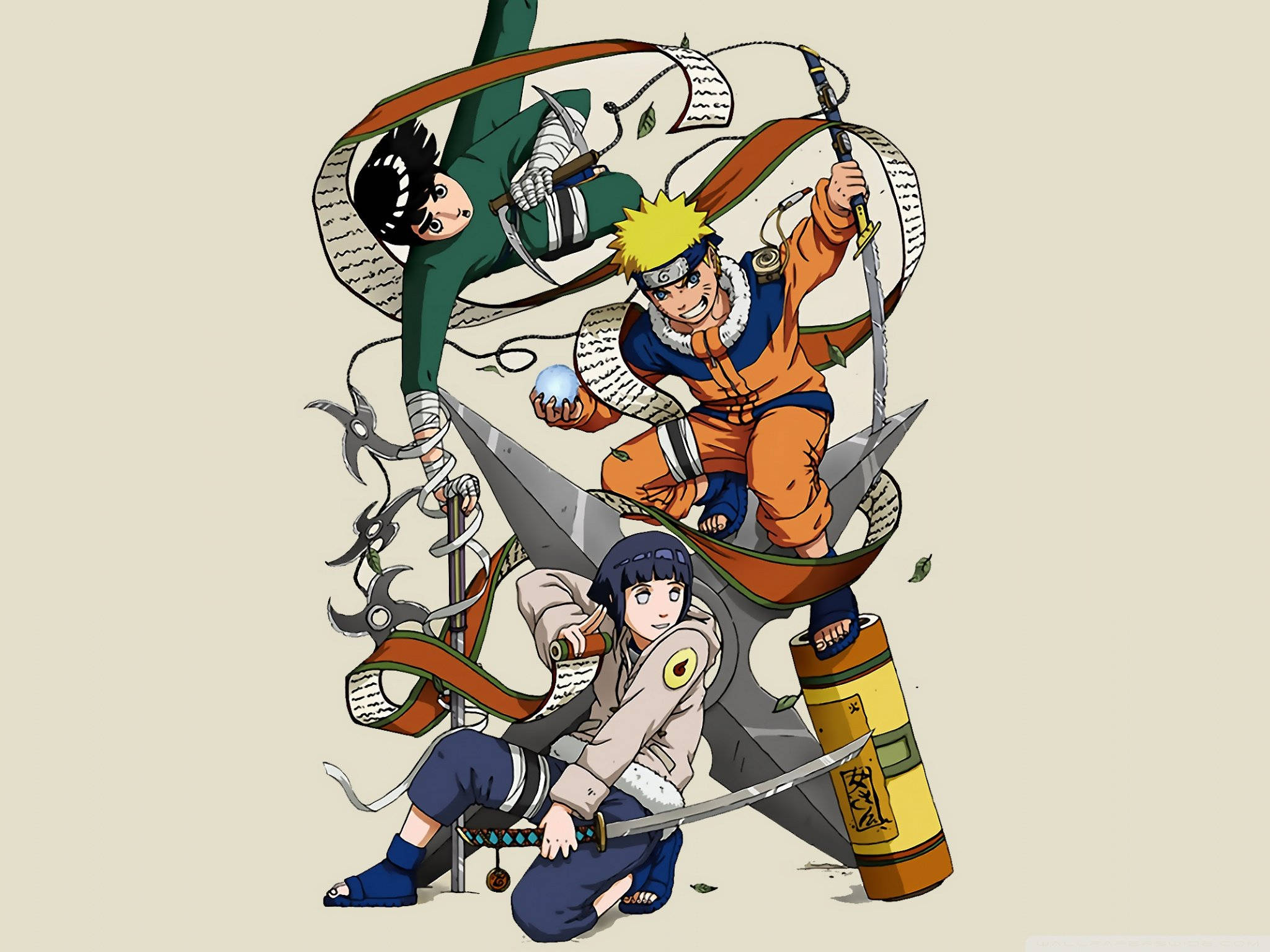 Rock Lee 桌布 壁紙 — 三個動漫忍者角色在純米色背景上以武器和捲軸動態擺姿勢。