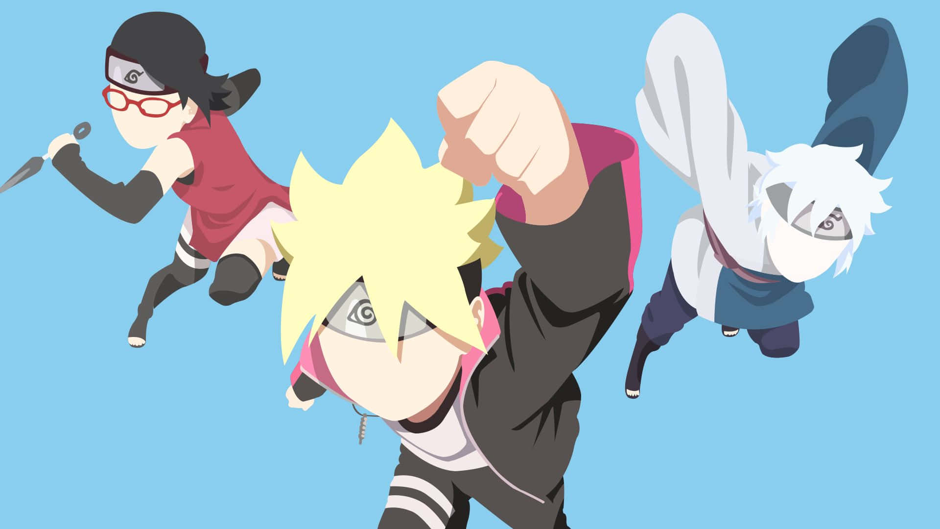 Boruto Naruto Next Generations 桌布 壁紙 — 三個動漫忍者角色在純藍色背景上擺出動態動作姿勢。