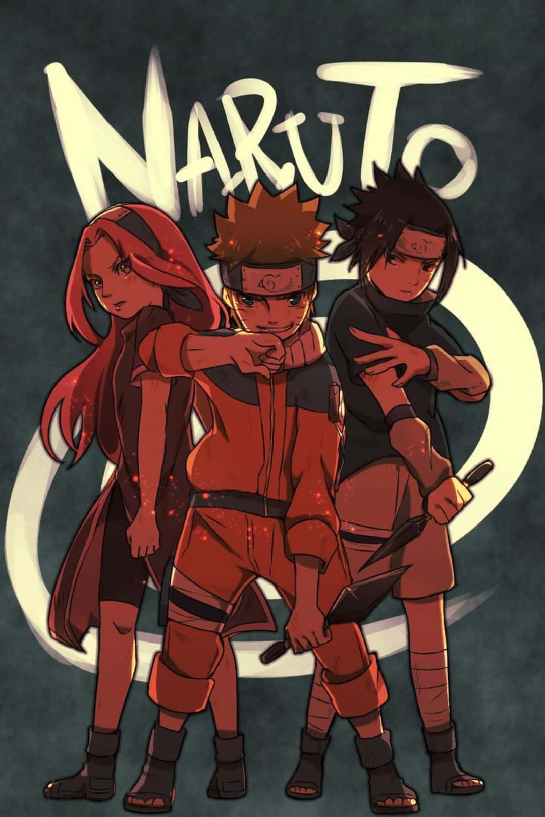 桌布 壁紙 — 三個動漫忍者角色自信地站在發光的Naruto標誌前，背景為深色。
