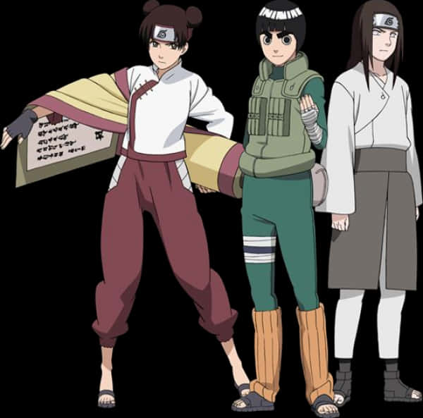 Neji Hyuga 桌布 壁紙 — 三個動漫忍者角色自信地站在黑色背景前，穿著不同的團隊制服和頭帶。