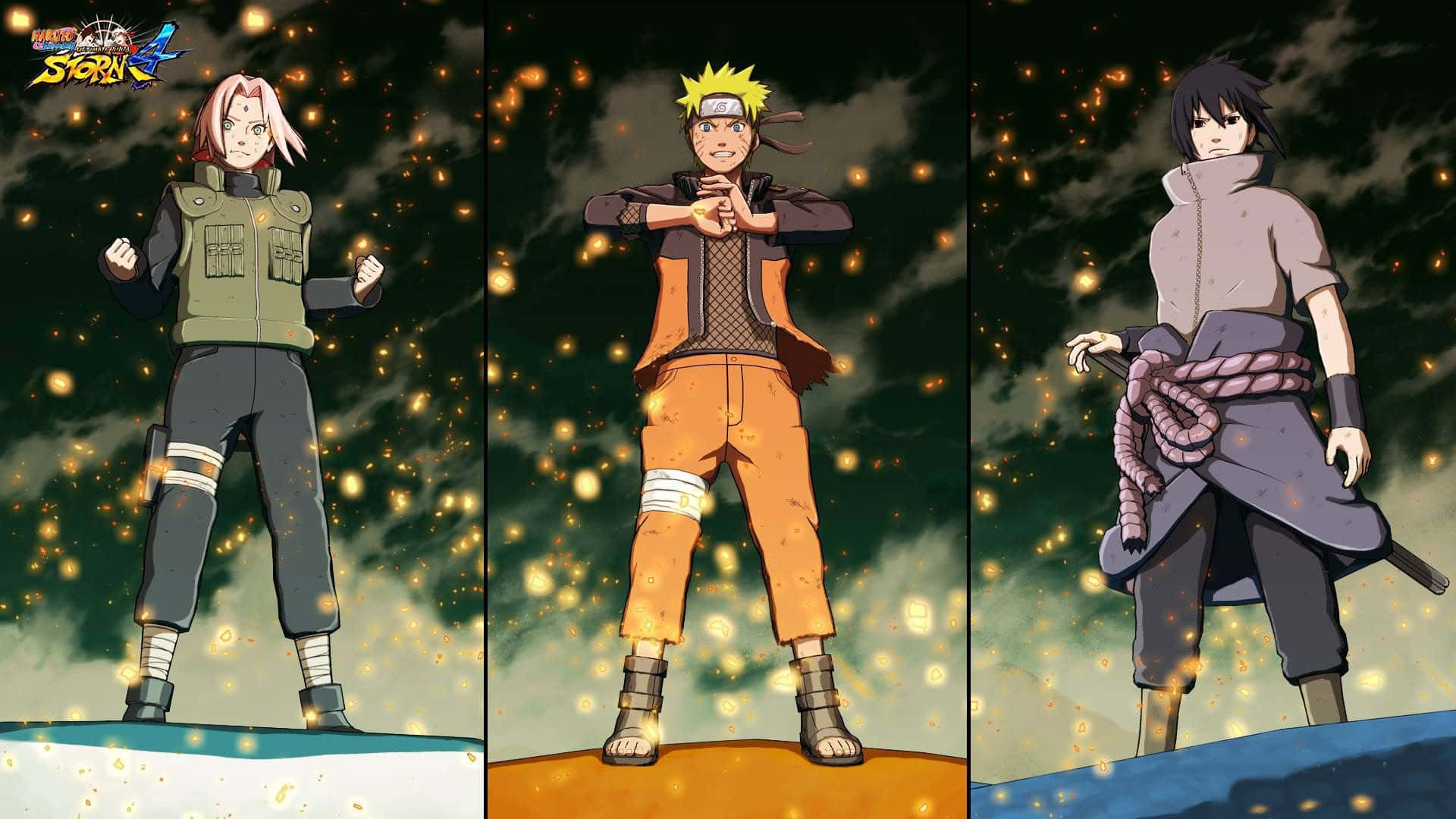 Team 7 Naruto 桌布 壁紙 — 三個動漫忍者角色英勇地站在彩色平台上，背景是充滿發光金色粒子的黑暗天空。