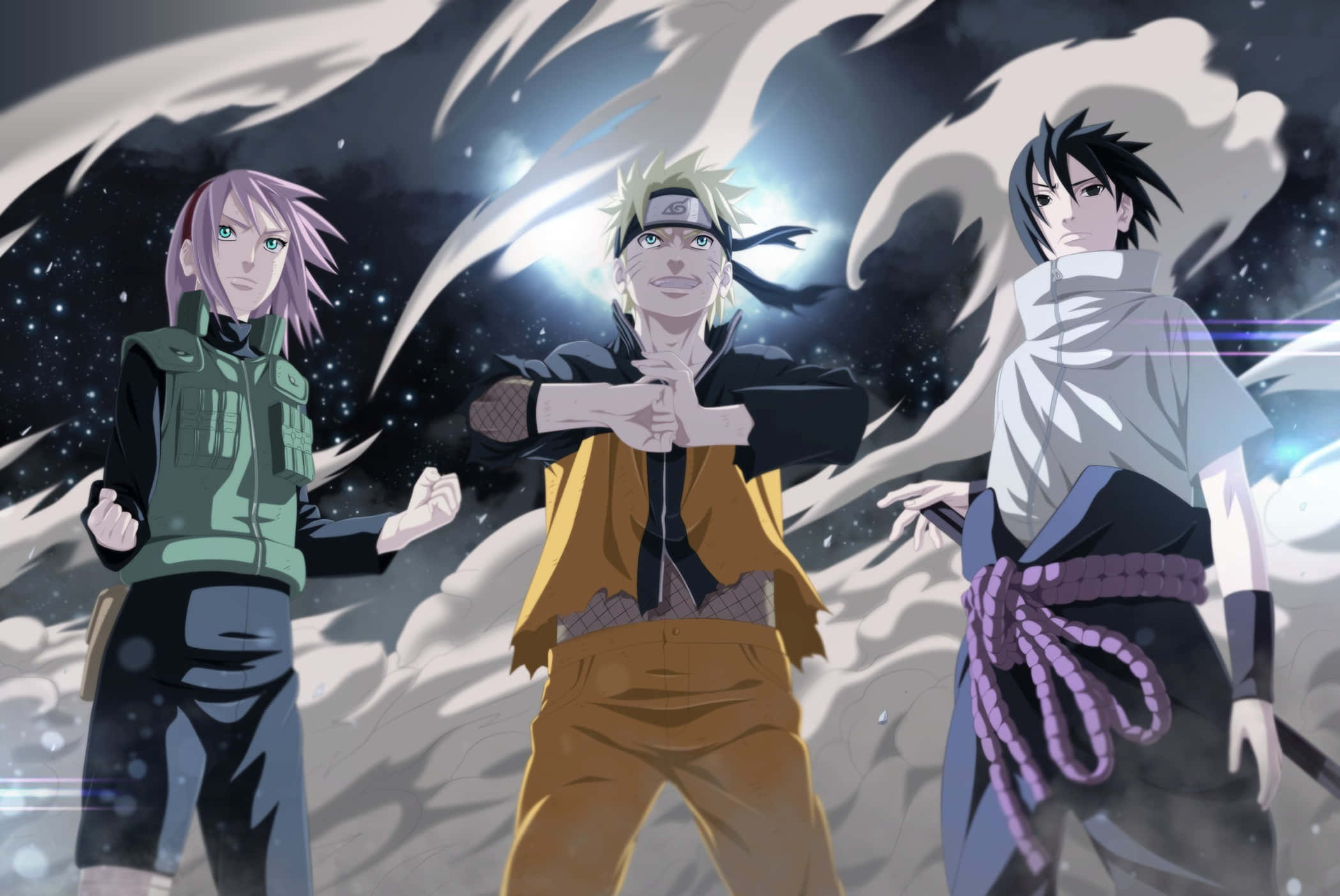 Naruto Group 桌布 壁紙 — 三個動漫忍者角色英勇地站在旋轉的宇宙背景前，帶有發光的能量效果。
