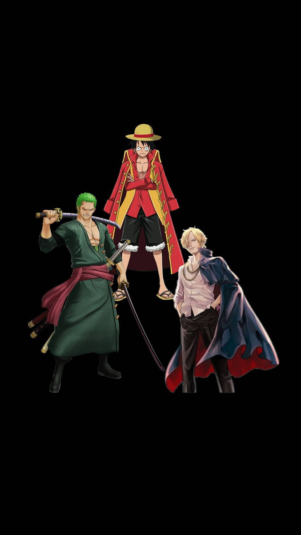 Sanji 桌布 壁紙 — 三個動漫海盜勇敢地站在黑色背景前，一個穿著紅色外套戴草帽，另一個穿著綠色長袍持劍，第三個穿著藍色斗篷。