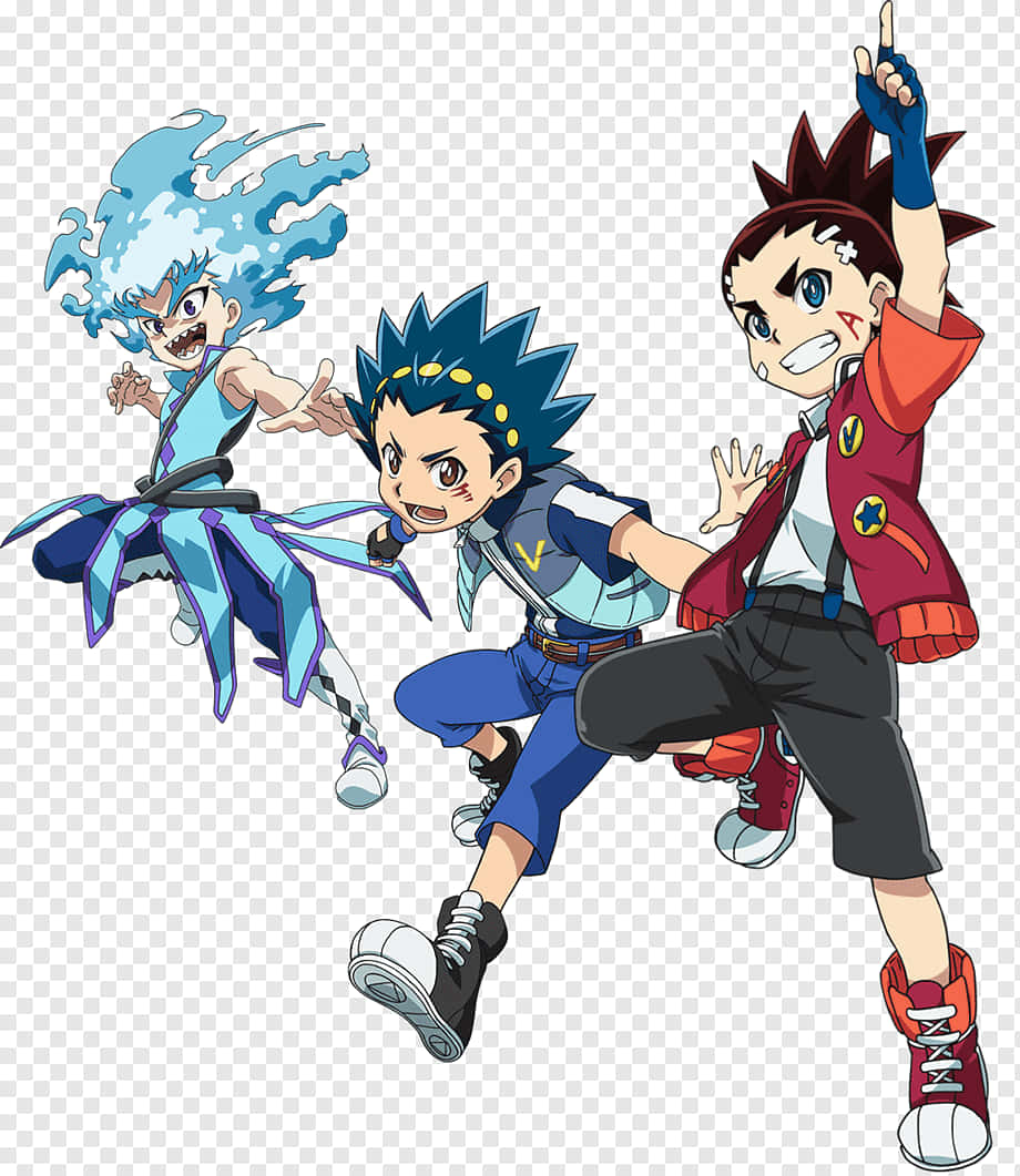 Beyblade 桌布 壁紙 — 三個動漫男孩以動態姿勢，藍色頭髮和色彩繽紛的服裝，帶著充滿活力的表情向前跳躍。