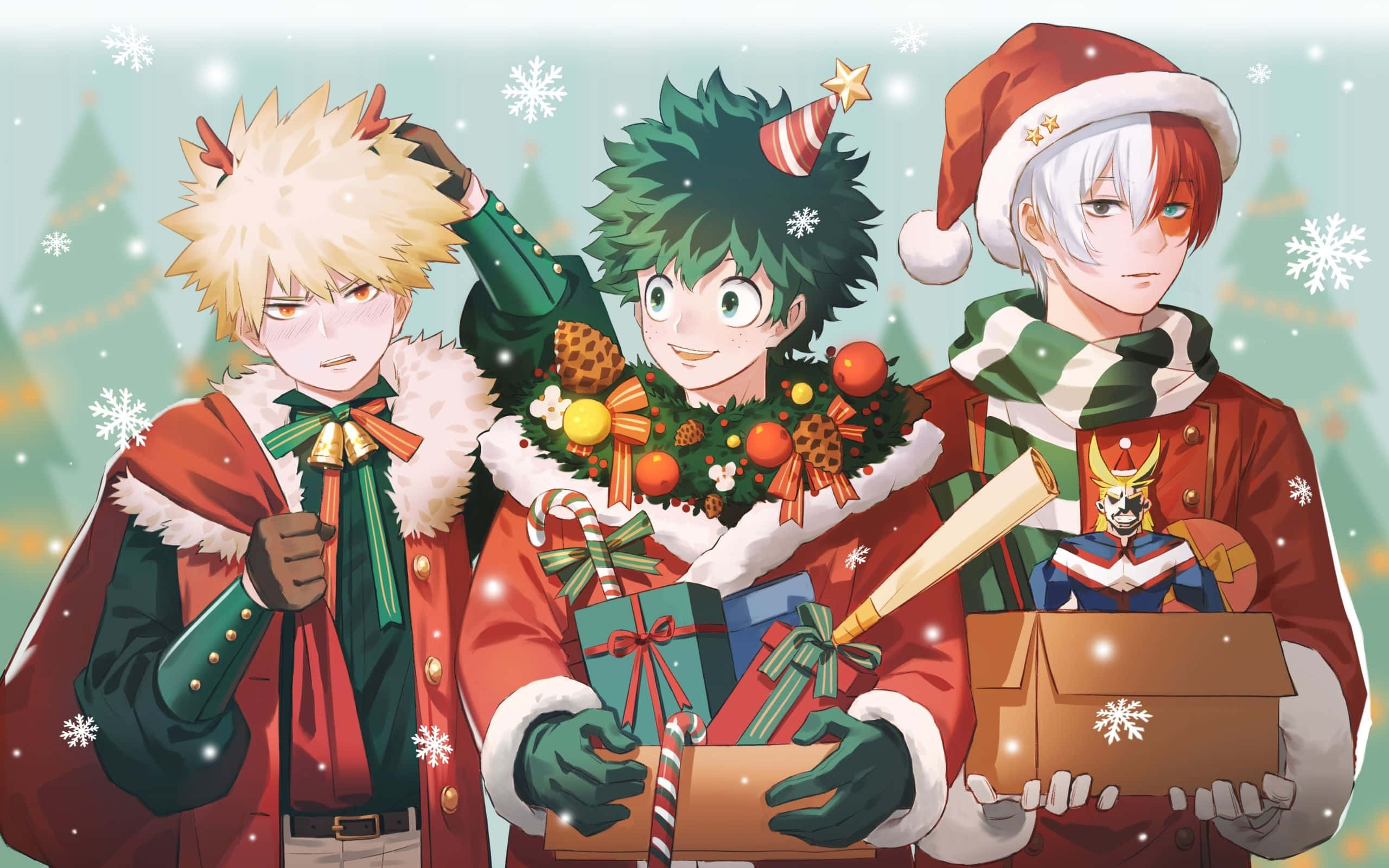 my hero academia 4K 桌布 壁紙 — 三個動漫男孩穿著節日冬季服裝，在飄雪的聖誕背景下拿著禮物和拐杖糖。